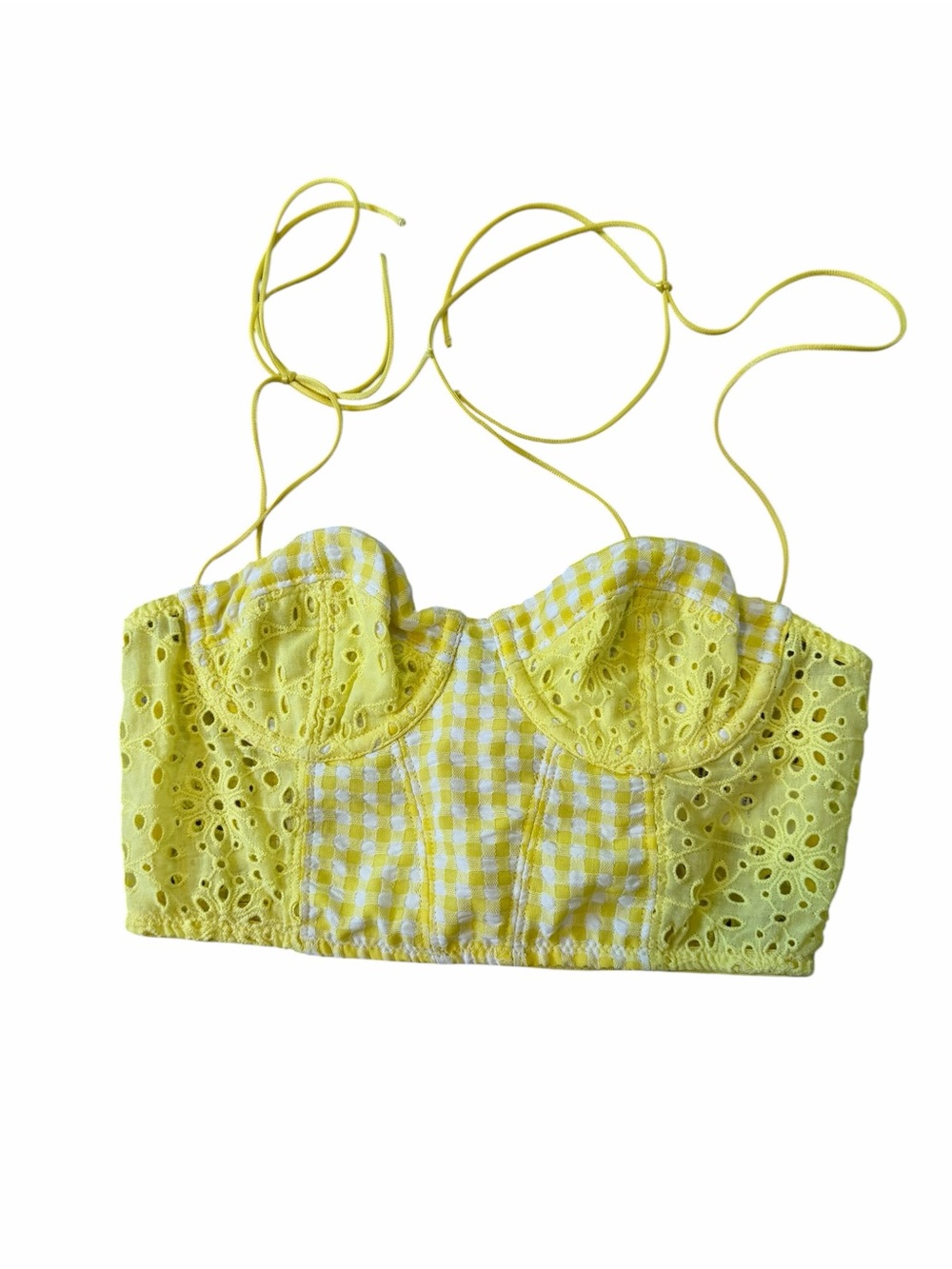 Urban Outfitters Out From Under Yellow Gingham Eyelet Lace-Up Corset Crop Top XS